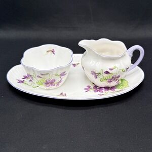 Shelley England Violets Dainty Fine Bone China Creamer Sugar Set with Tray 13821